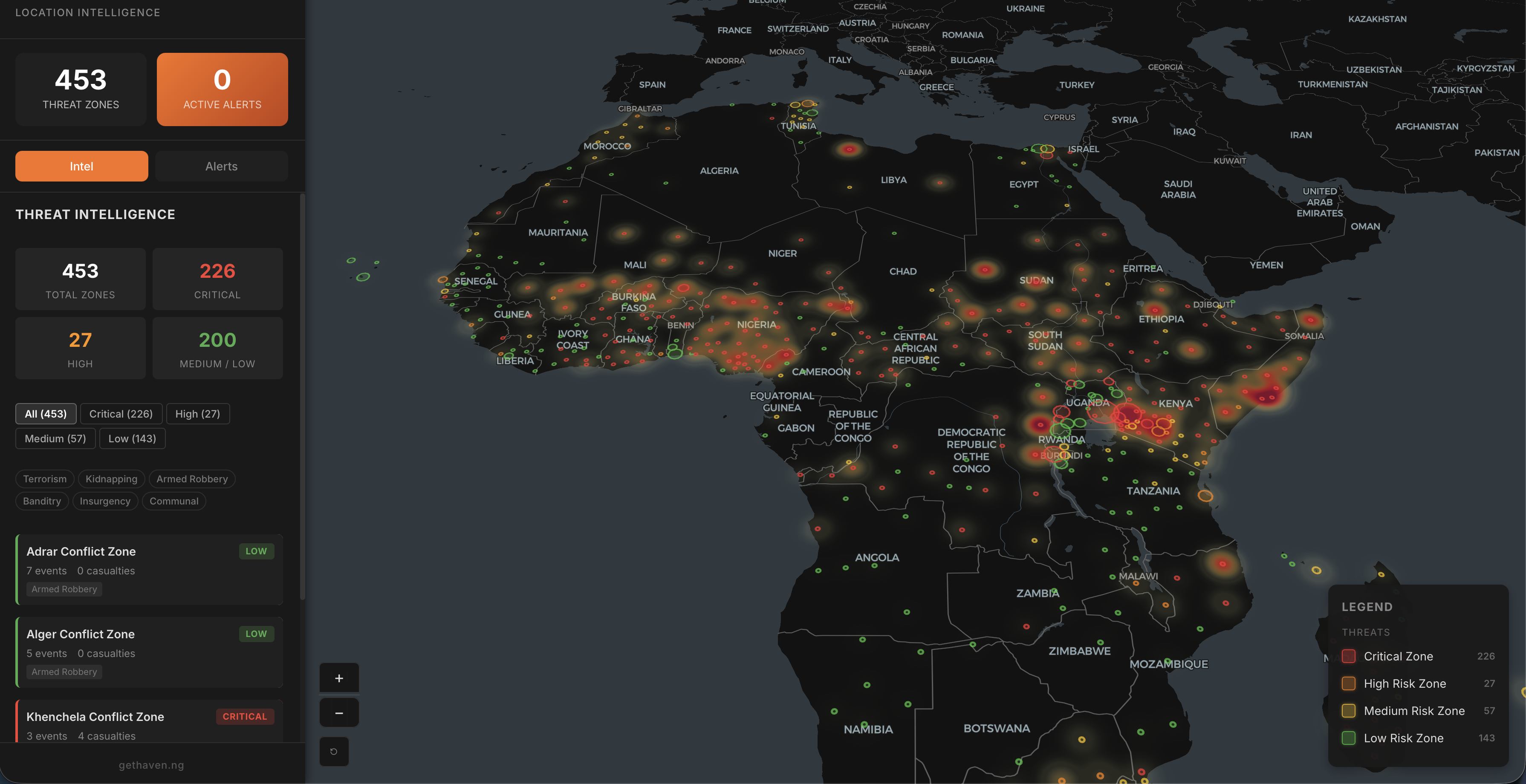 Haven Location Intelligence — real-time threat map of Africa showing 453 conflict zones